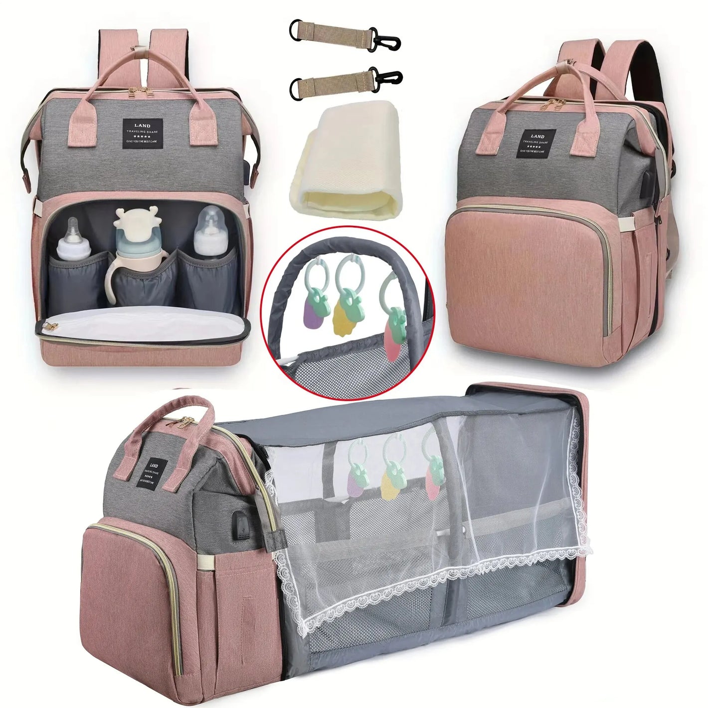 Mama Baby Wickeltasche Rucksack Wickelunterlage Schatten Moskitonetz Nass- und Trockentransport USB-Ladeanschluss Kinderwagen Hängetasche Kostenlos