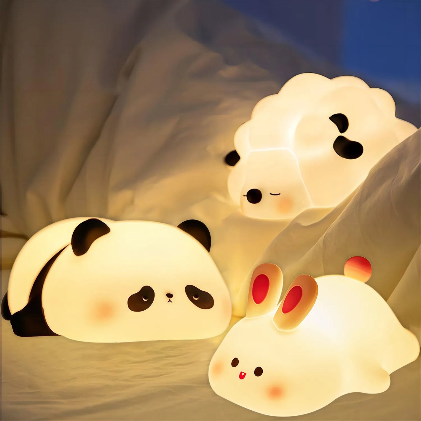 LED-Nachtlicht aus Silikon mit Panda-/Schaf-/Kaninchenmotiv für Kinder (Aufladung über USB – Berührungssensor)