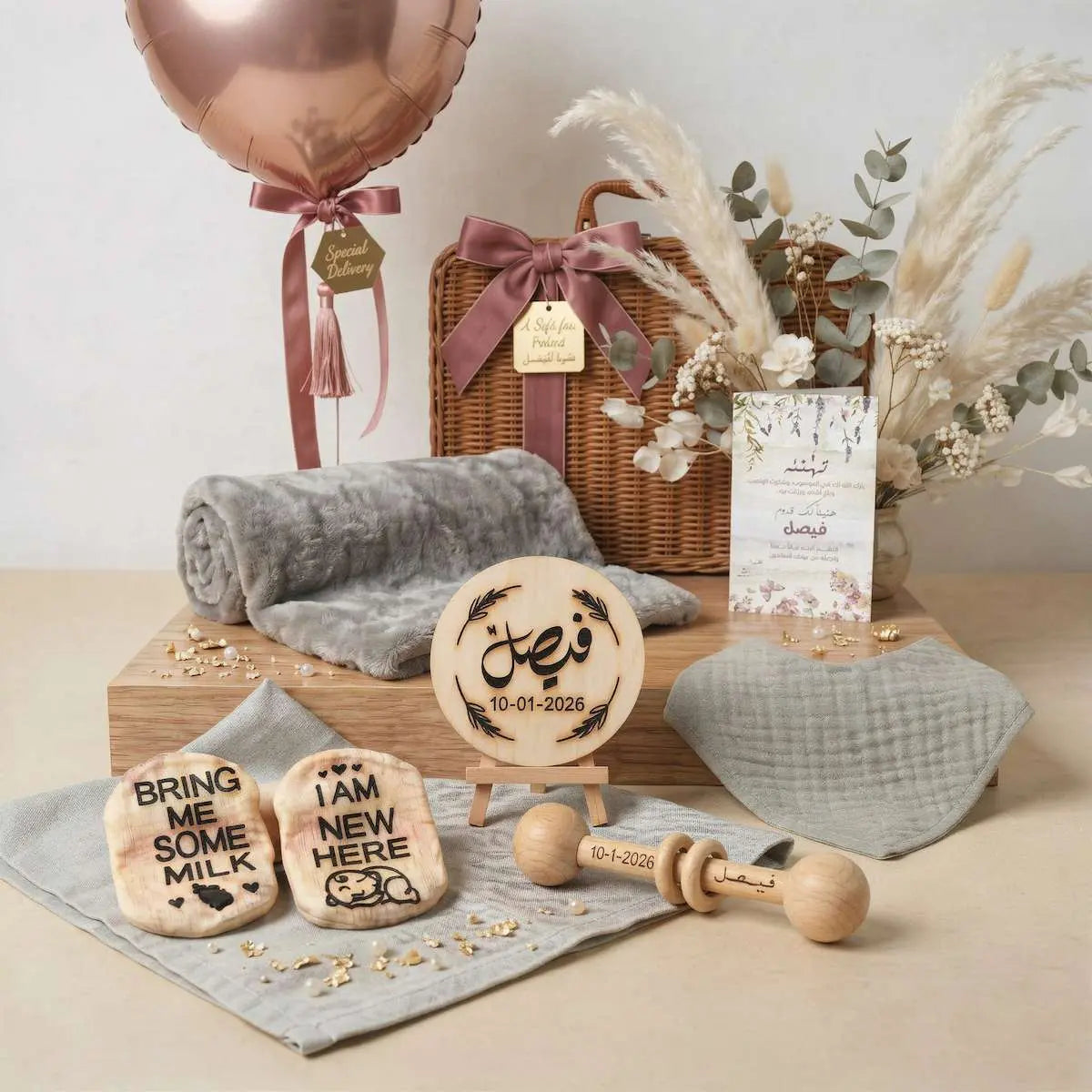 طقم هدايا مواليد بالإسم - صندوق بني - بوكسات مواليد - متجر أمومة
